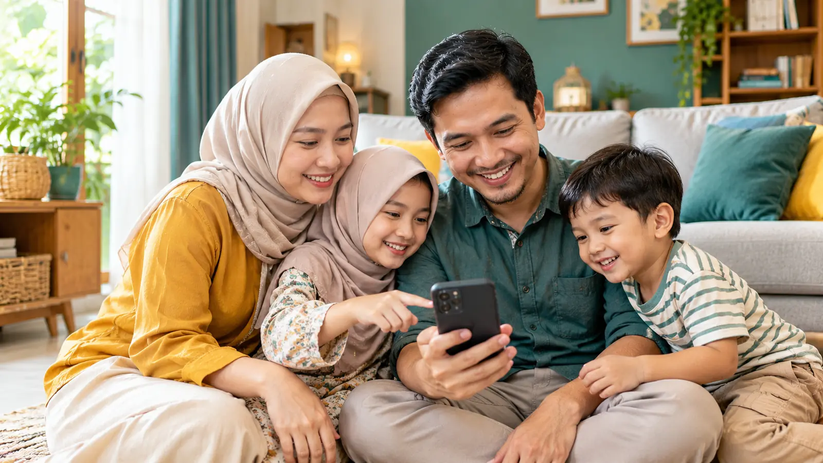 Ayah, ibu, dan dua anak melihat HP bersama di ruang keluarga